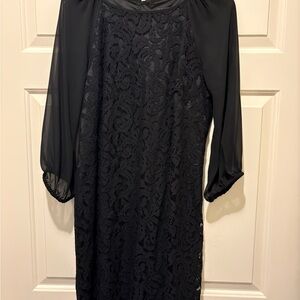 Adrianna Papell Black Lace Shift Dress with Sheer Long Sleeves